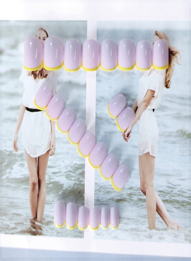 SINHOT French Yellow Square Press on Nails Squoval Fake Nails Glossy Long Acrylic Nails for Women and Girls 24Pcs - Image 2